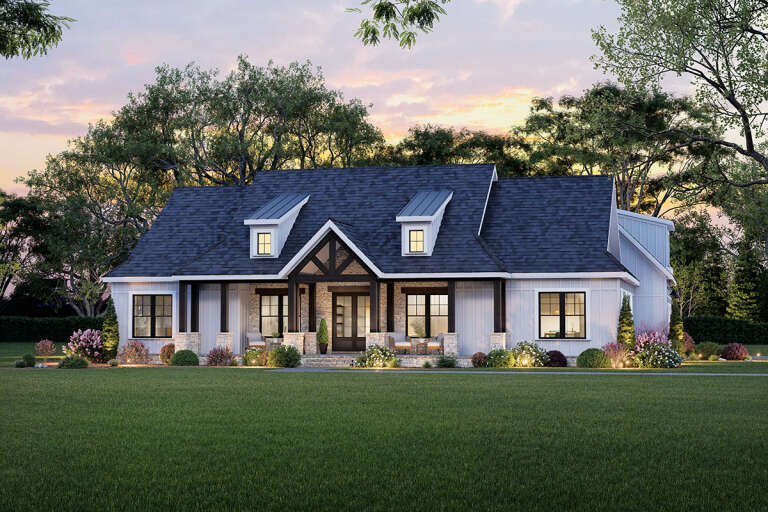 House Plan House Plan #32574 Angled Front Elevation at Dusk