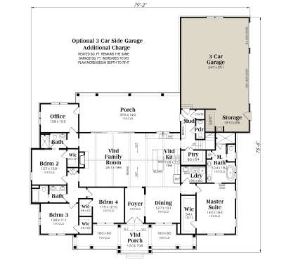 Main Floor w/ Optional 3 Car Garage: 3BR, 3BA, Office, Vltd Family, Vltd Kit, Dining, Ldry, Mud, WICs, 2 Porches, Storage. House Plan # 009-00435 Main Floor w/ Optional 3 Car Garage Floor Plan Drawing by America's Best House Plans, Inc.