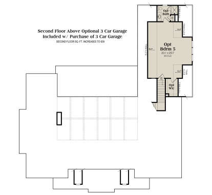 Second Floor Above Optional 3 Car Garage: Opt 1 BR, 1 BA, Opt WIC, stairs. 9' ceiling. Unheated: garage area. House Plan # 009-00435 Second Floor Above Optional 3 Car Garage Floor Plan Drawing by America's Best House Plans, Inc.