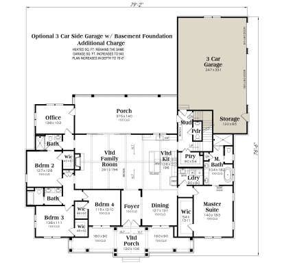 4BR, 3.5BA, Office, Vltd Family, Vltd Kit, Dining, Ldry, Mud, 3-car garage, 2 Porches, WICs. Basement Fdn. Vltd ceilings. House Plan # 009-00435 Basement Foundation w/ Optional 3 Car Garage Floor Plan Drawing by America's Best House Plans, Inc.