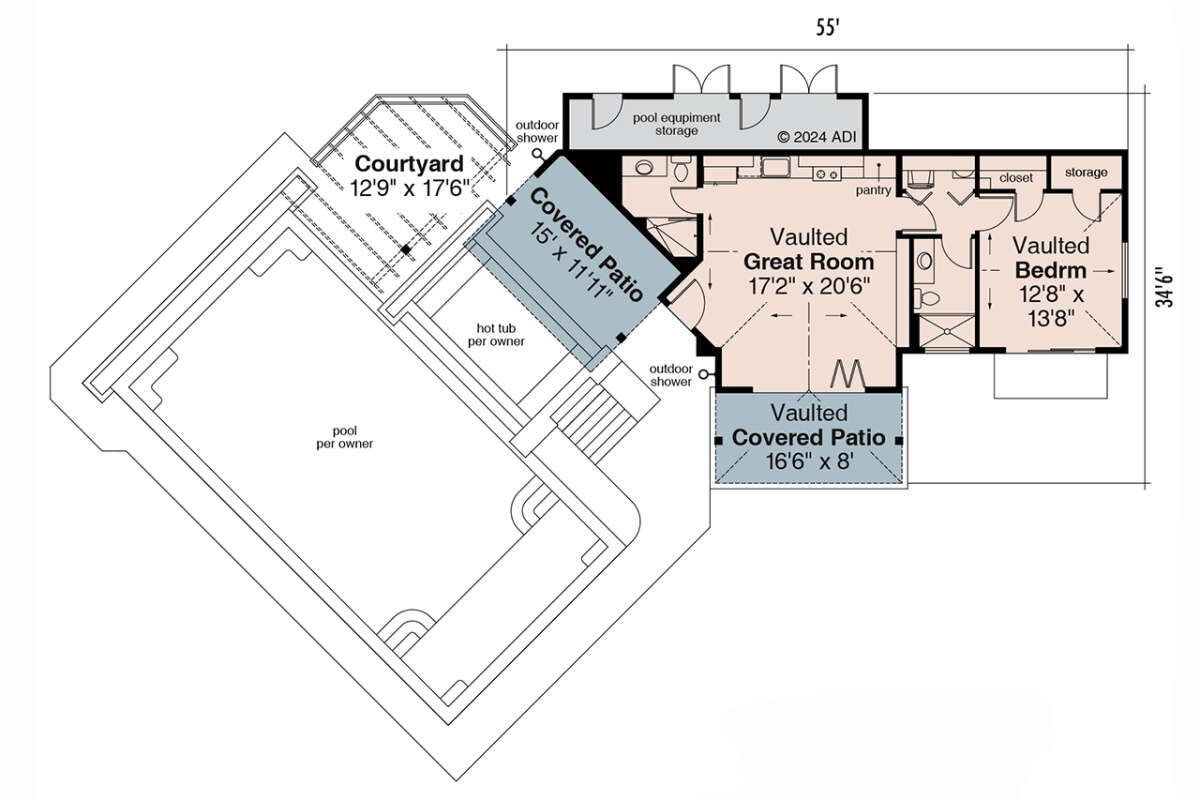 Traditional Pool House Plan - 967 Square Feet, 1 Bedroom, 1.5 Bathrooms ...