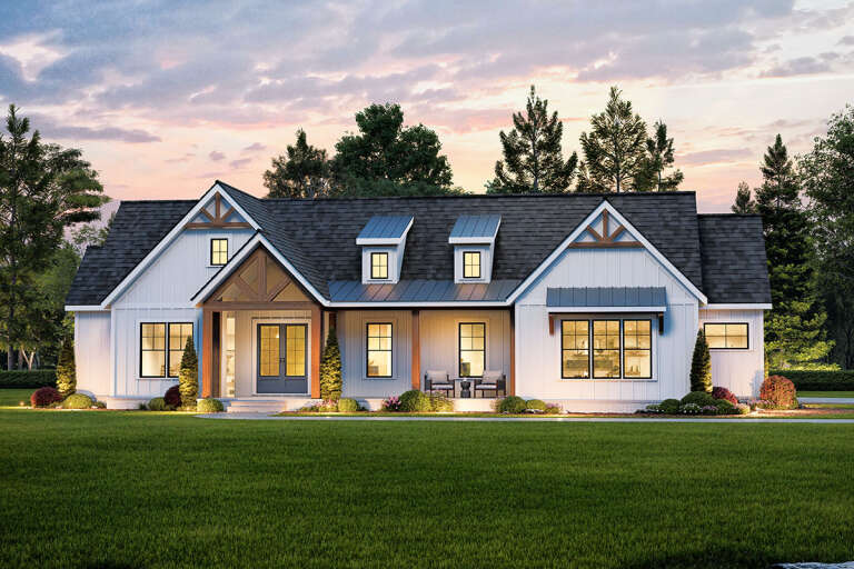 House Plan House Plan #32593 Angled Front Elevation at Dusk