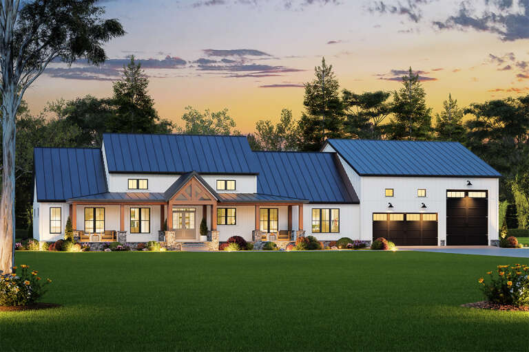 House Plan House Plan #32700 Angled Front Elevation at Dusk