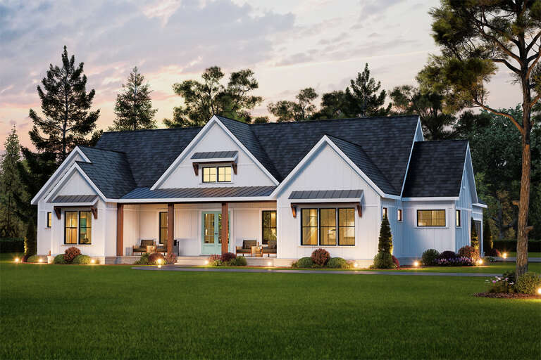 House Plan House Plan #32748 Angled Front Elevation at Dusk