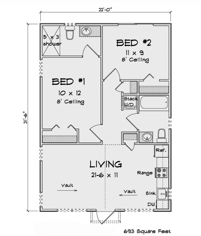 Cottage Plan - 693 Square Feet, 2 Bedrooms, 2 Bathrooms | Floor Plan ...