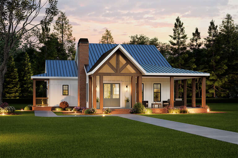 House Plan House Plan #32853 Angled Front Elevation at Dusk