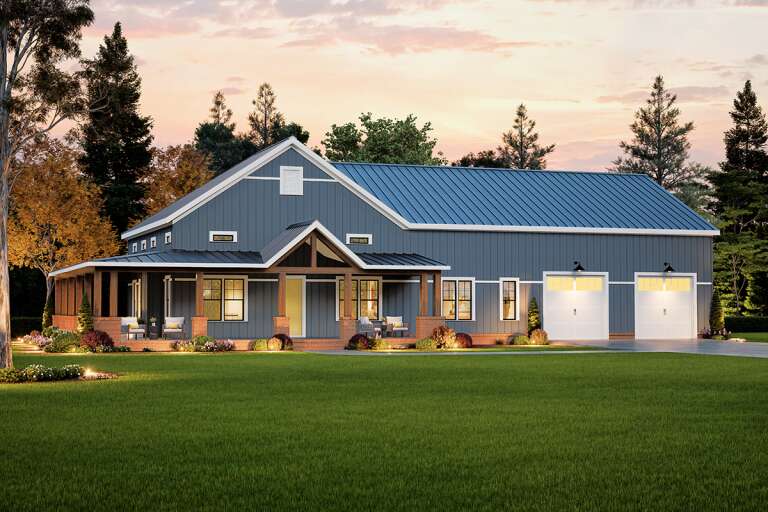 House Plan House Plan #32904 Angled Front Elevation at Dusk