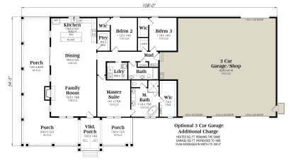 Main Floor w/ Optional 3 Car Garage: 3BR, 2BA, Kitchen, Dining, Family, Ldry, Mud, 3 WIC, Ptry, 3 Porches, Fireplace. House Plan # 009-00440 Main Floor w/ Optional 3 Car Garage Floor Plan Drawing by America's Best House Plans, Inc.