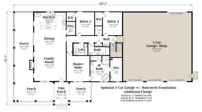 3BR, 2BA, Kitchen, Dining, Family, Ldry, Mud, 3 WICs, Pantry. 3-car garage, 3 porches (1 vaulted), stairs. Basement Fdn. House Plan # 009-00440 Basement Foundation w/ Optional 3 Car Garage Floor Plan Drawing by America's Best House Plans, Inc.