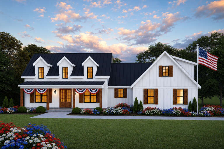 White Modern Farmhouse, Front Elevation, board-and-batten siding, black metal roof, wood shutters, flag, floral garden. House Plan # 940-01280 Digital Rendering by America's Best House Plans, Inc.