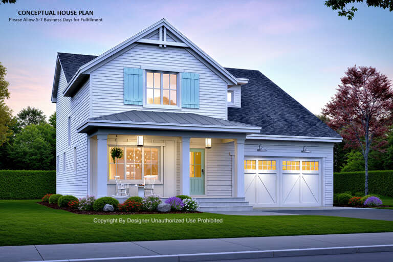 House Plan House Plan #32932 Angled Front Elevation at Dusk