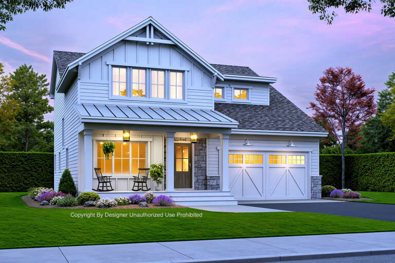 House Plan House Plan #32935 Angled Front Elevation at Dusk