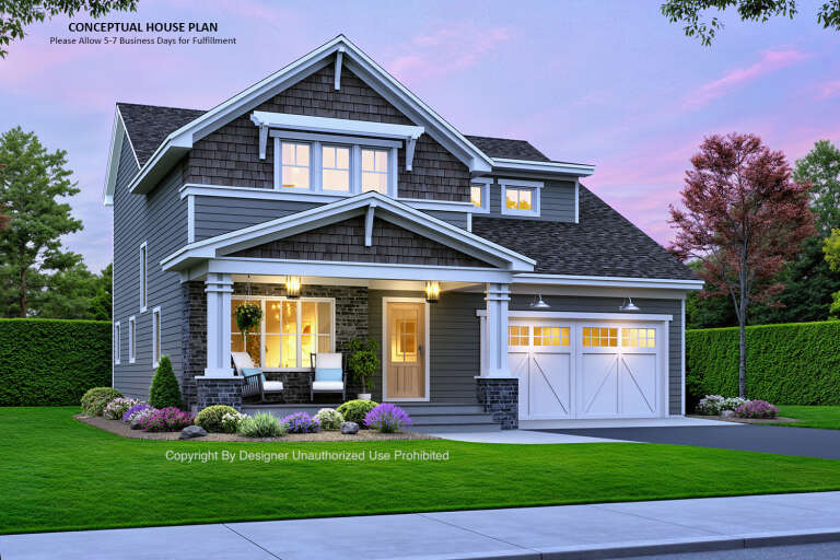 House Plan House Plan #32936 Angled Front Elevation at Dusk