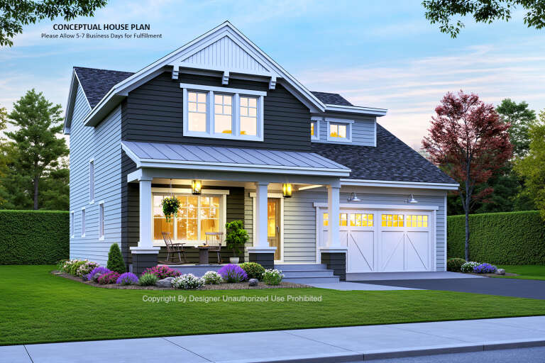 House Plan House Plan #32950 Angled Front Elevation at Dusk