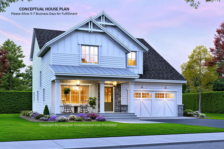 House Plan House Plan #32953 Angled Front Elevation at Dusk
