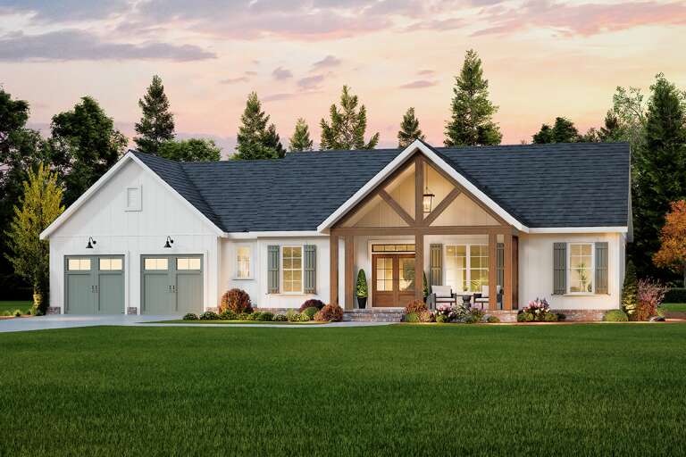 House Plan House Plan #32960 Angled Front Elevation at Dusk