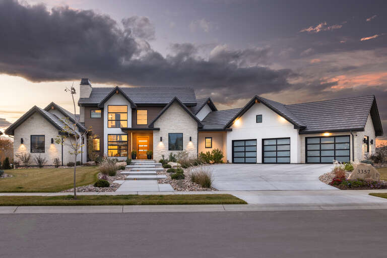 House Plan House Plan #33040 Front Elevation at Dusk