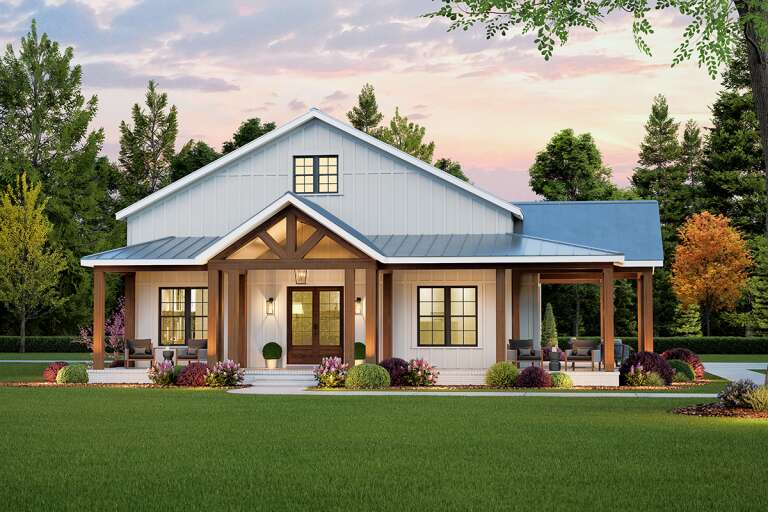 House Plan House Plan #33042 Angled Front Elevation at Dusk