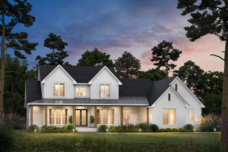 House Plan House Plan #33044 Angled Front Elevation at Dusk