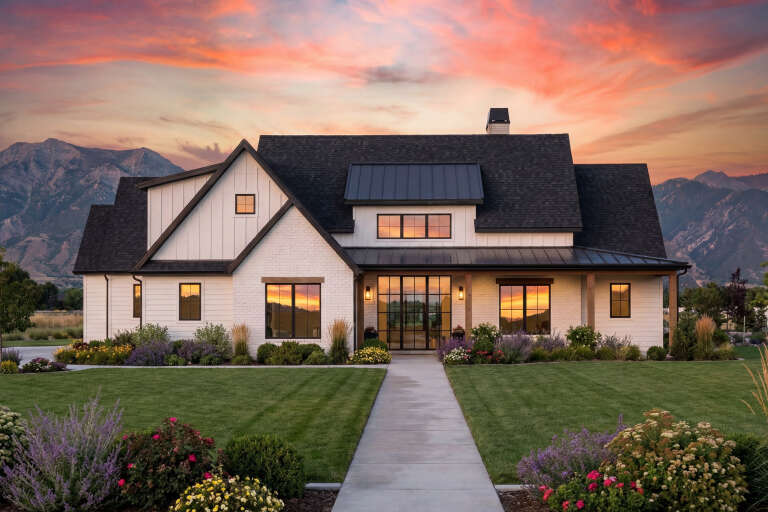 House Plan House Plan #33070 Front Elevation at Dusk