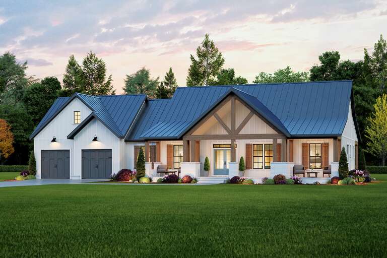House Plan House Plan #33141 Angled Front Elevation at Dusk