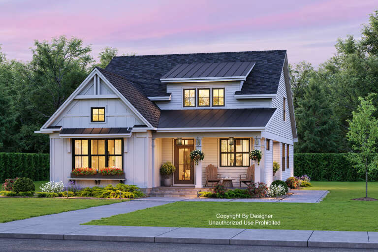 House Plan House Plan #33175 Angled Front Elevation at Dusk