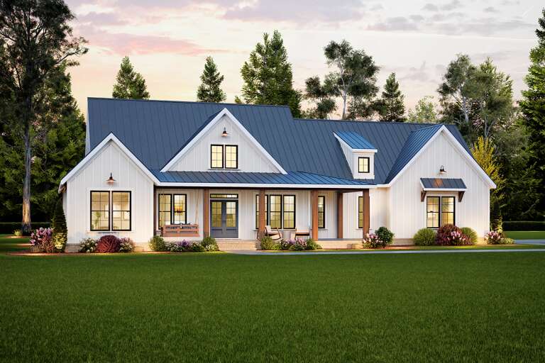 House Plan House Plan #33256 Angled Front Elevation at Dusk