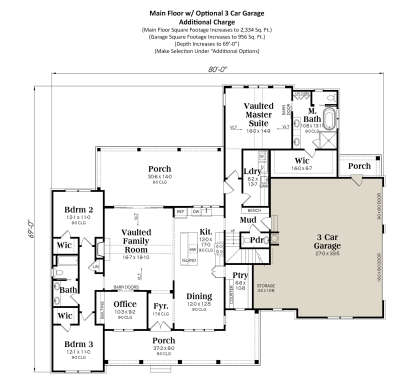 Main floor layout with optional 3-car garage, 3BR, 2.5BA, vaulted family room, kitchen, and covered porches. House Plan # 009-00448 Main Floor w/ Optional 3 Car Garage Floor Plan Drawing by America's Best House Plans, Inc.