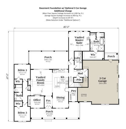 Basement foundation plan with optional 3-car garage footprint, 3BR, 2.5BA, and main floor layout. House Plan # 009-00448 Basement Foundation w/ Optional 3 Car Garage Floor Plan Drawing by America's Best House Plans, Inc.