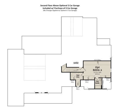 Second floor layout above optional 3-car garage with attic, optional BR 4, optional bath, and WIC. House Plan # 009-00448 Second Floor Above Optional 3 Car Garage Floor Plan Drawing by America's Best House Plans, Inc.