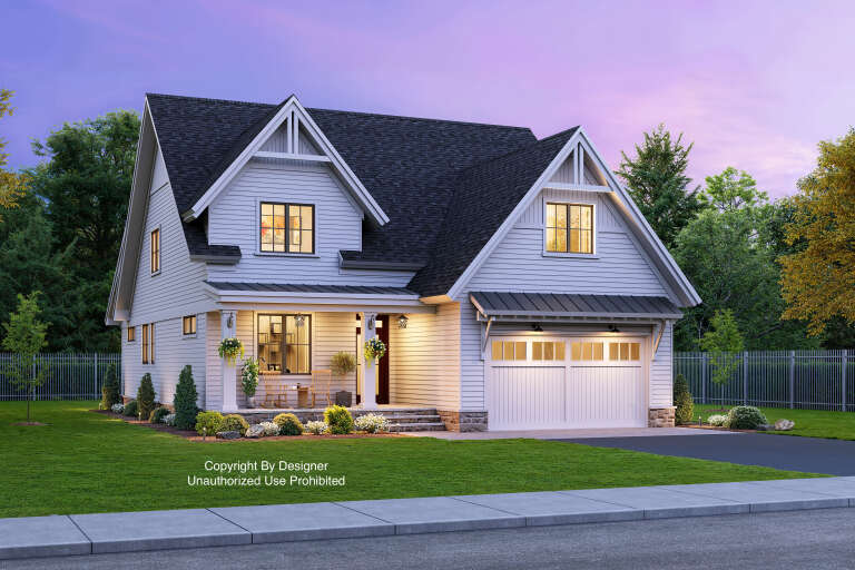 House Plan House Plan #33303 Angled Front Elevation at Dusk