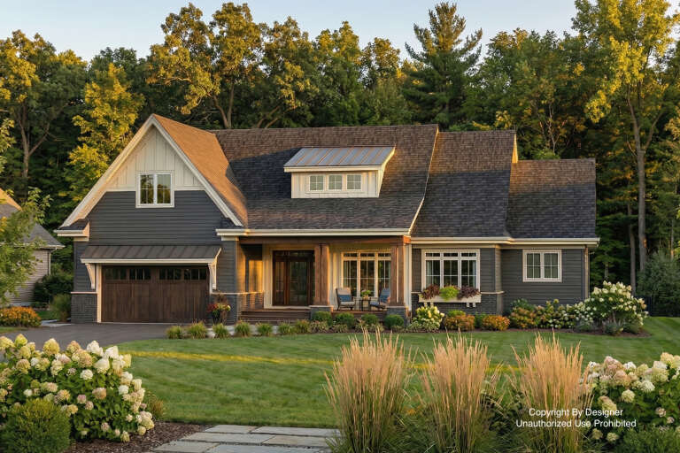 House Plan House Plan #33308 Angled Front Elevation at Dusk