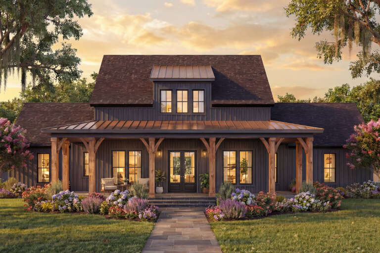 House Plan House Plan #33379 Front Elevation at Dusk
