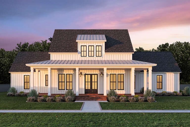 House Plan House Plan #33379 Front Elevation at Dusk