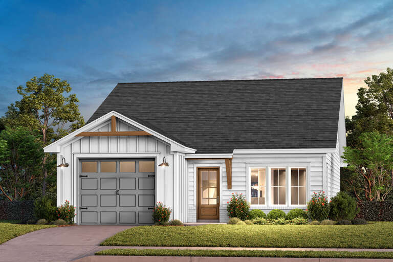 House Plan House Plan #33385 Angled Front Elevation at Dusk