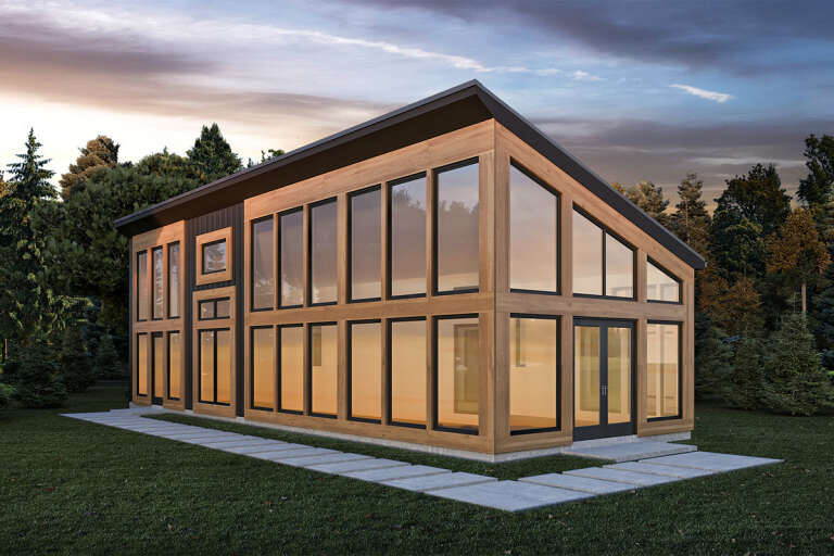 House Plan House Plan #33392 Angled Front Elevation at Dusk