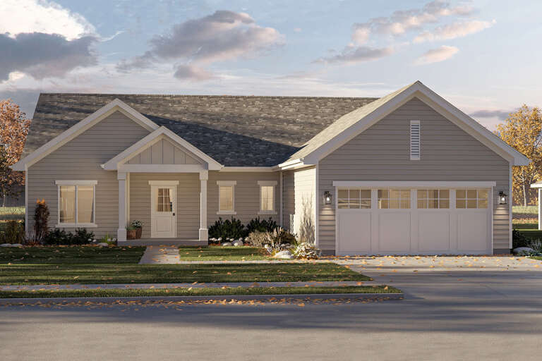House Plan House Plan #33396 Angled Front Elevation at Dusk