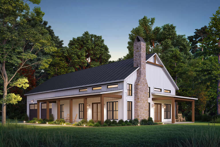 House Plan House Plan #33522 Angled Front Elevation at Dusk