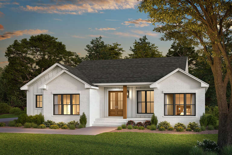 House Plan House Plan #33528 Angled Front Elevation at Dusk