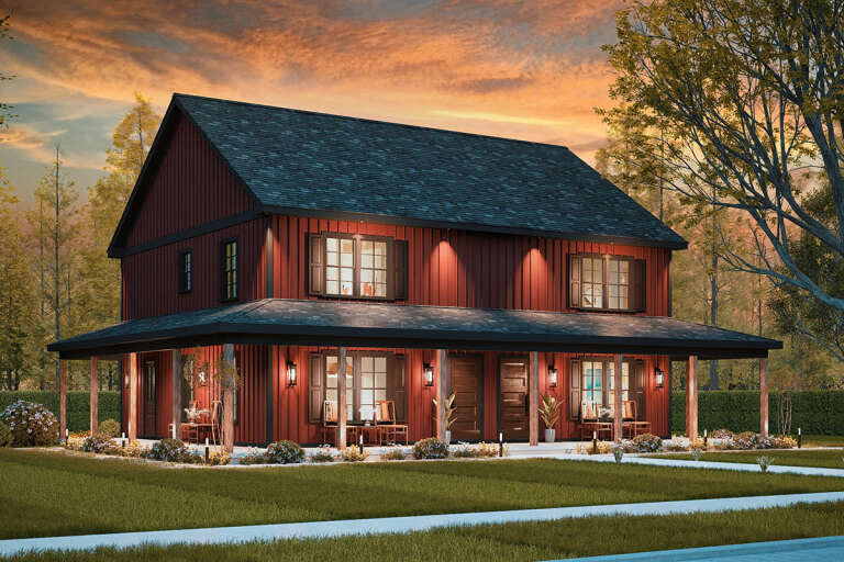 House Plan House Plan #33545 Angled Front Elevation at Dusk