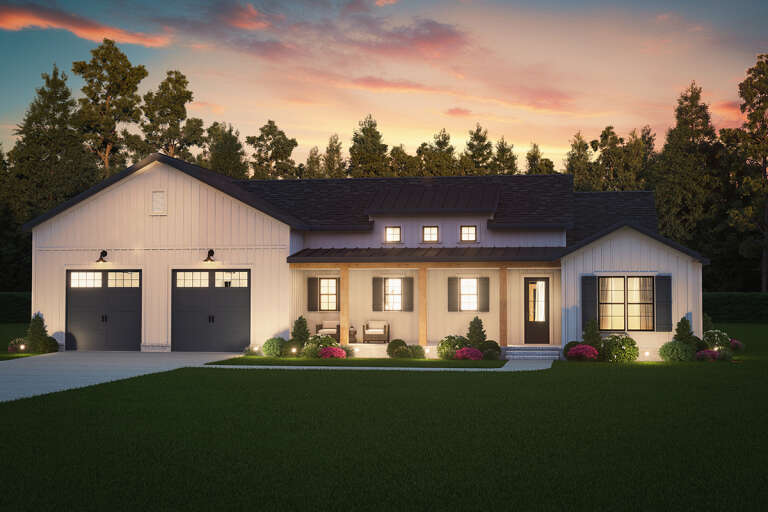 House Plan House Plan #33556 Angled Front Elevation at Dusk
