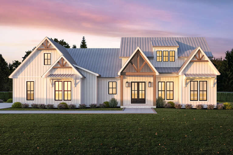 House Plan House Plan #33557 Front Elevation at Dusk