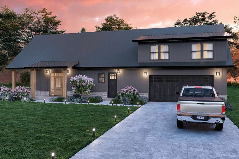 House Plan House Plan #33558 Angled Front Elevation at Dusk