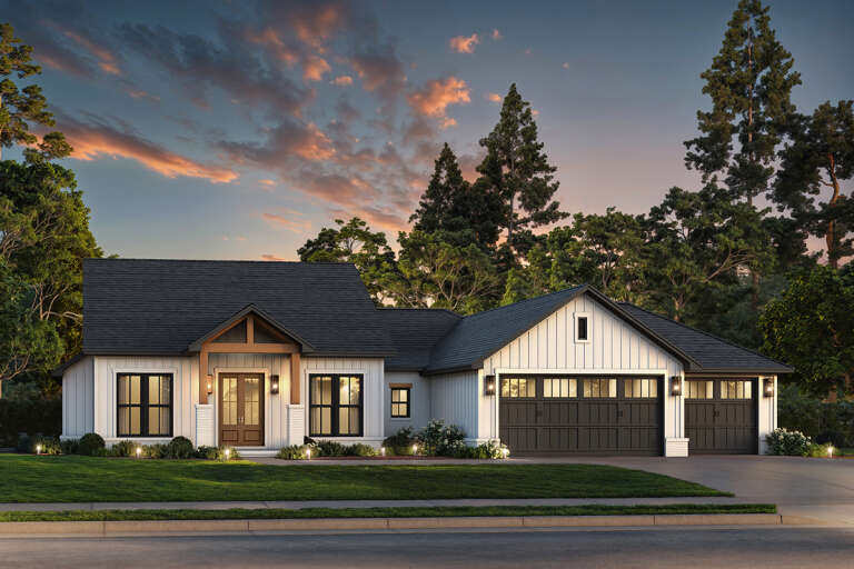 House Plan House Plan #33577 Angled Front Elevation at Dusk