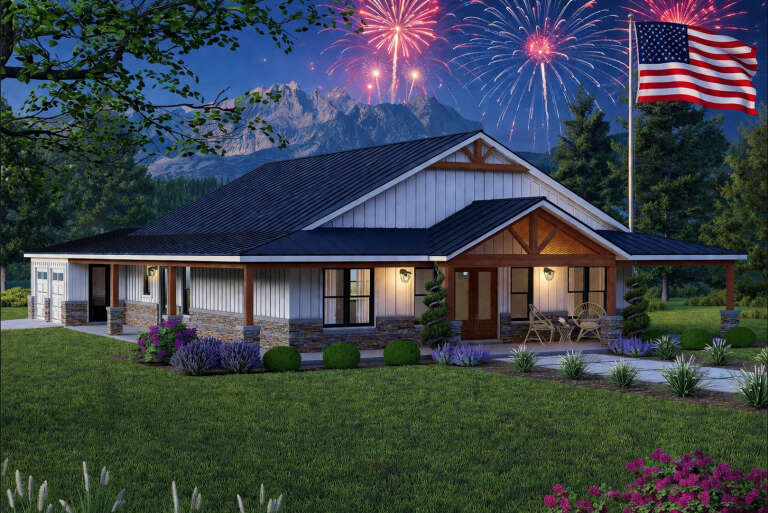 White Modern Farmhouse, Angled Front Elevation with fireworks, board-and-batten siding, stone base, wood beams, lit porch. House Plan # 940-01321 Digital Rendering by America's Best House Plans, Inc.