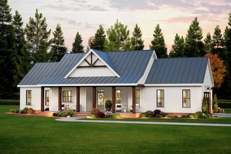 House Plan House Plan #33598 Angled Front Elevation at Dusk