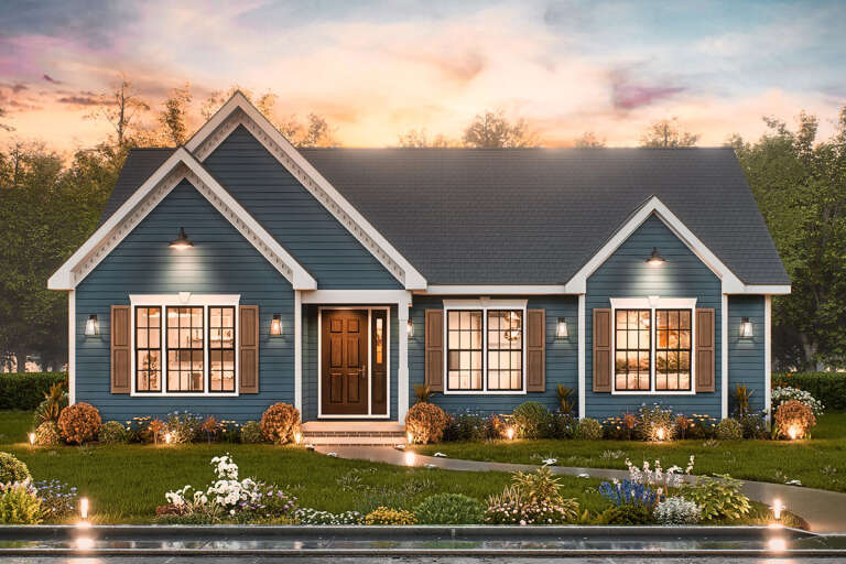 House Plan House Plan #33600 Front Elevation at Dusk