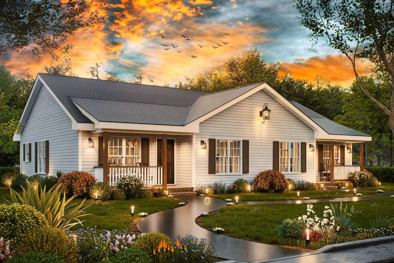 House Plan House Plan #33601 Angled Front Elevation at Dusk