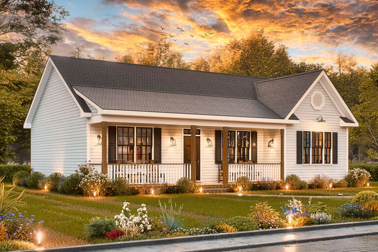 House Plan House Plan #33603 Angled Front Elevation at Dusk
