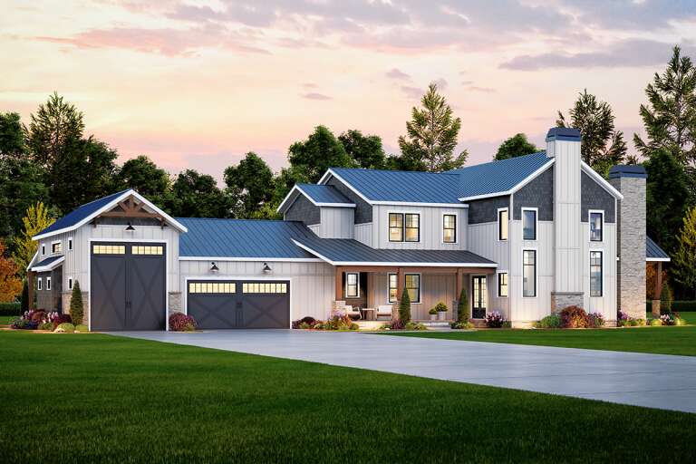 House Plan House Plan #33613 Angled Front Elevation at Dusk